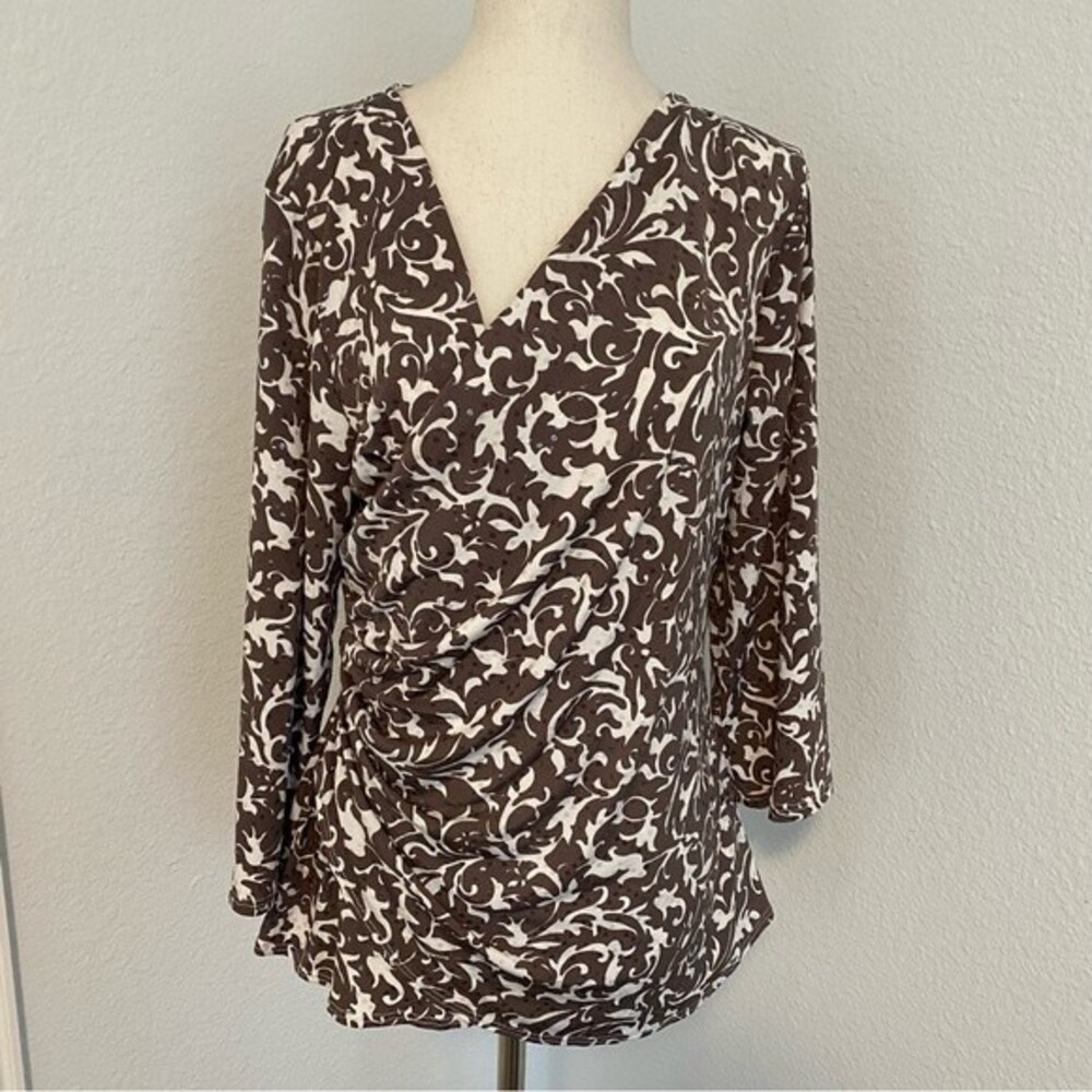 NWT Shimmer Ruche Asymmetrical Neck 3/4 sleeve Floral Taupe Top by JBS Size S